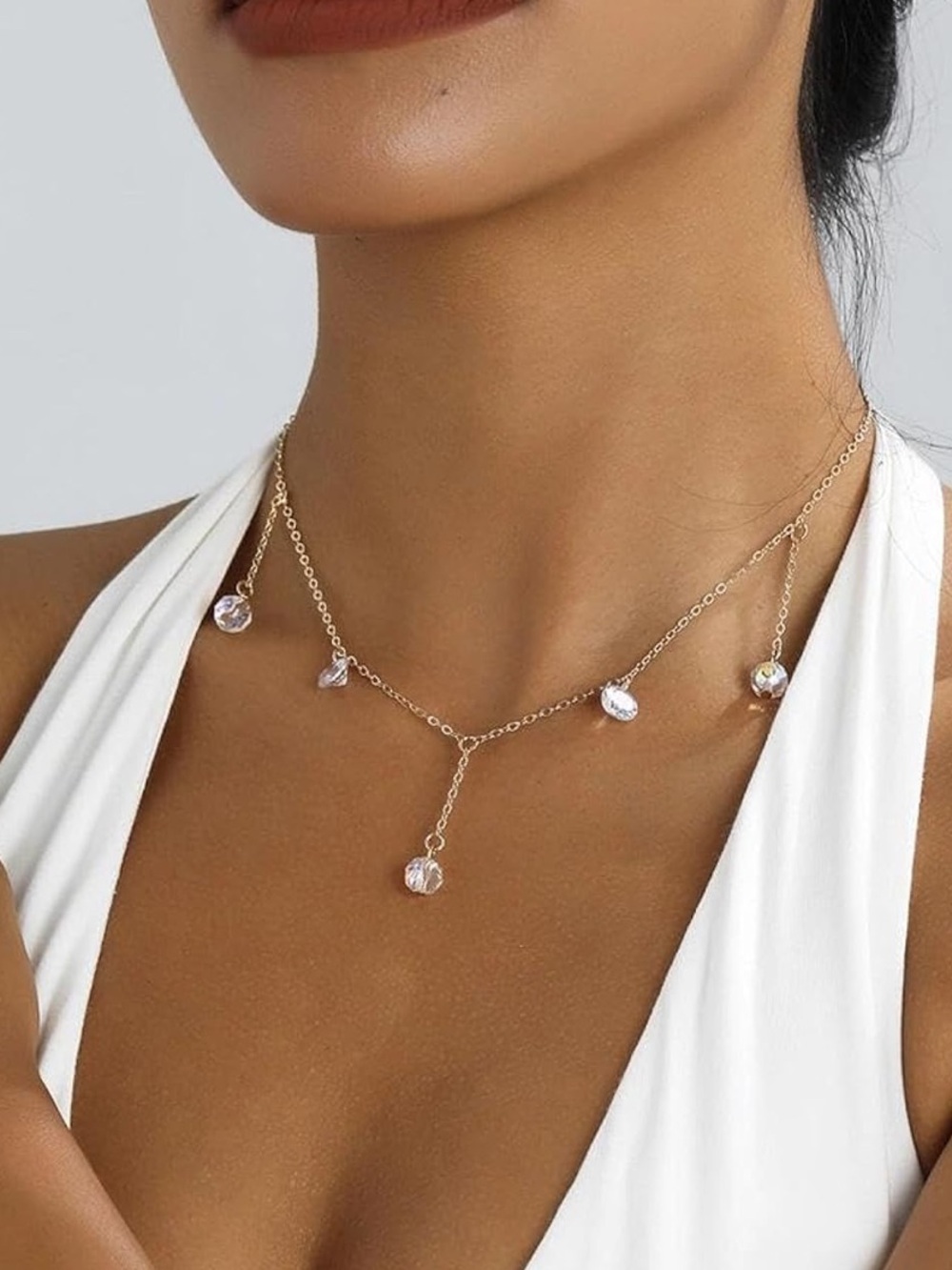 Anthropologie Gold Crystal Drop Lariat Necklace